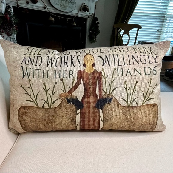 Primitive Folk Art Woman with Sheep "She Seeks Wool & Flax" Pillow Case 20x12 - Picture 5 of 8